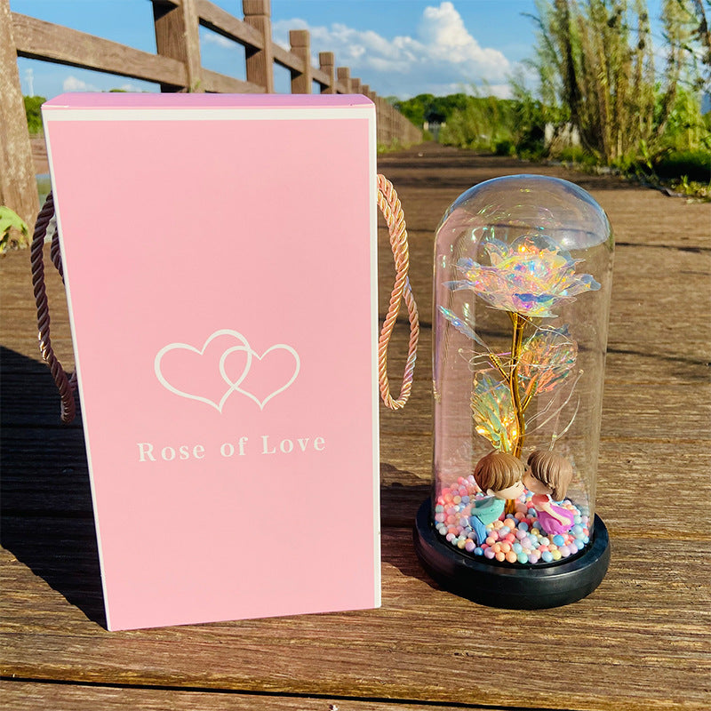 Gold leaf rose glass cover led light doll eternal flower