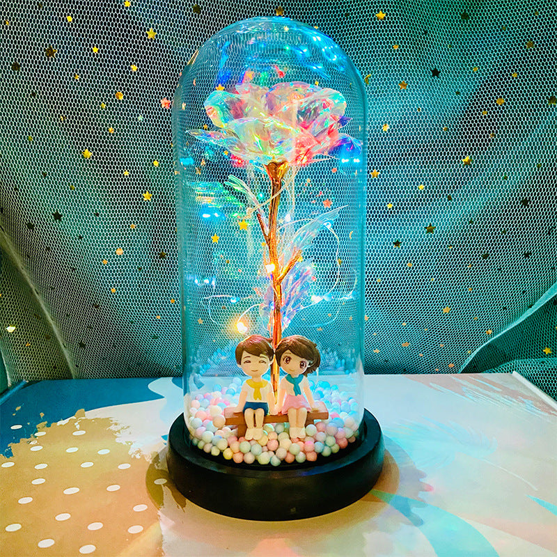 Gold leaf rose glass cover led light doll eternal flower